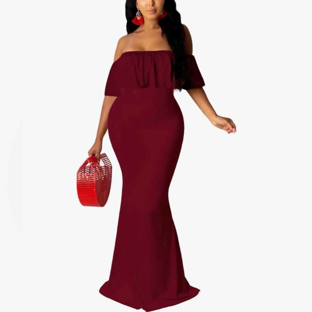 NEW Off The Shoulder Ruffle Maroon Maxi Dress Size Large